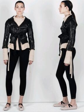 ZARA Studio SS17 Black Leather Biker Moto Jacket Cropped Women's Size XS-S